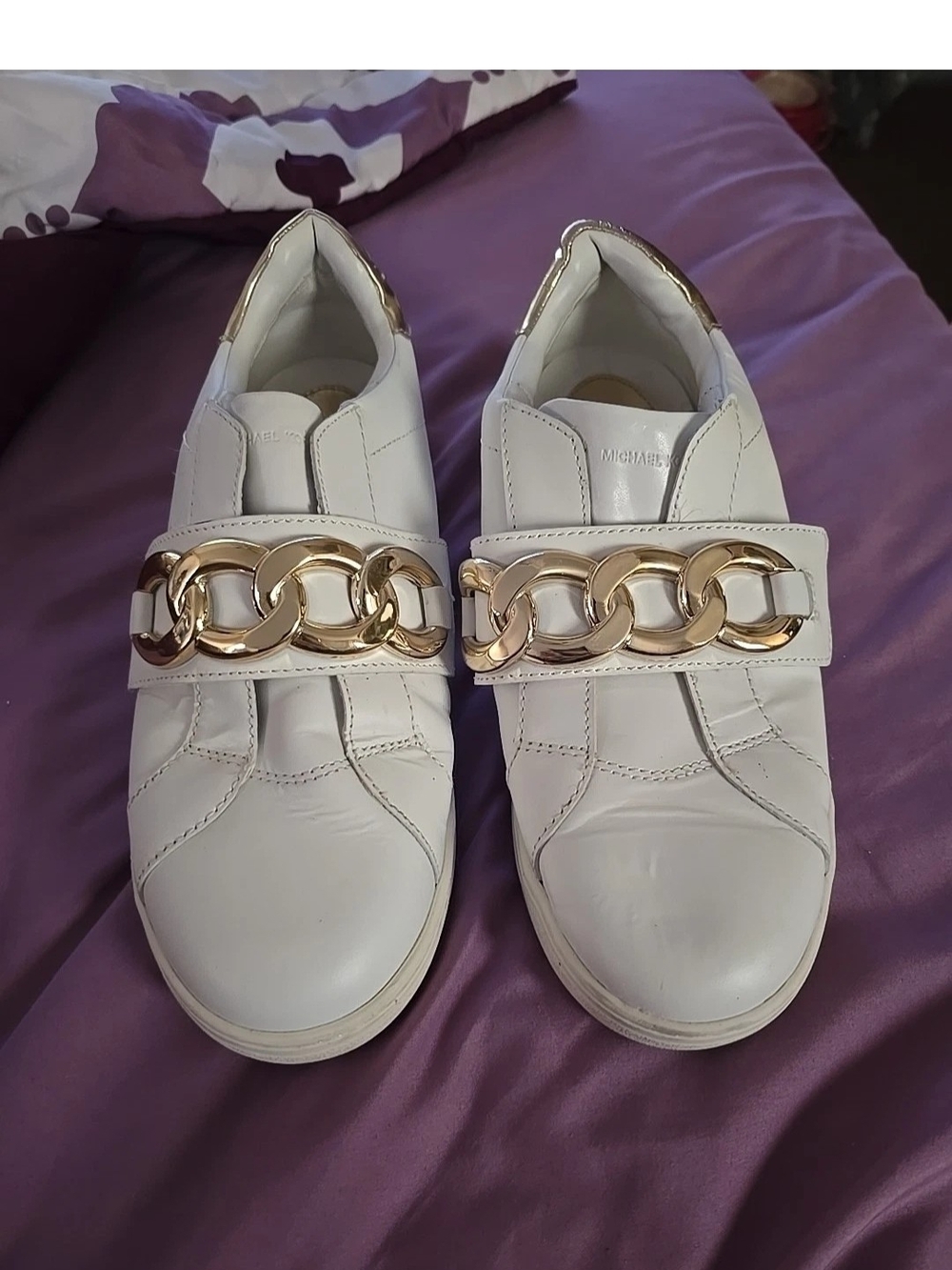 MICHAEL Michael Kors White Leather Sneakers with Gold Chain Accent